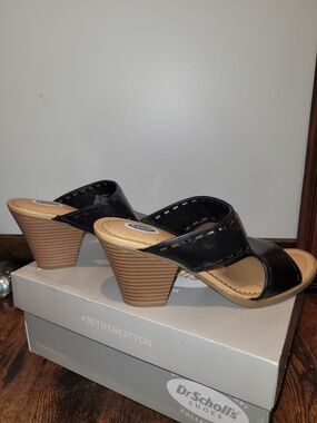 NWOT Dr.Scholl's Womens Black Leather Mid-Heel Slide Sandals.New never Worn SZ 8